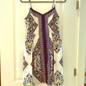 Navy, white and yellow fit and flare dress